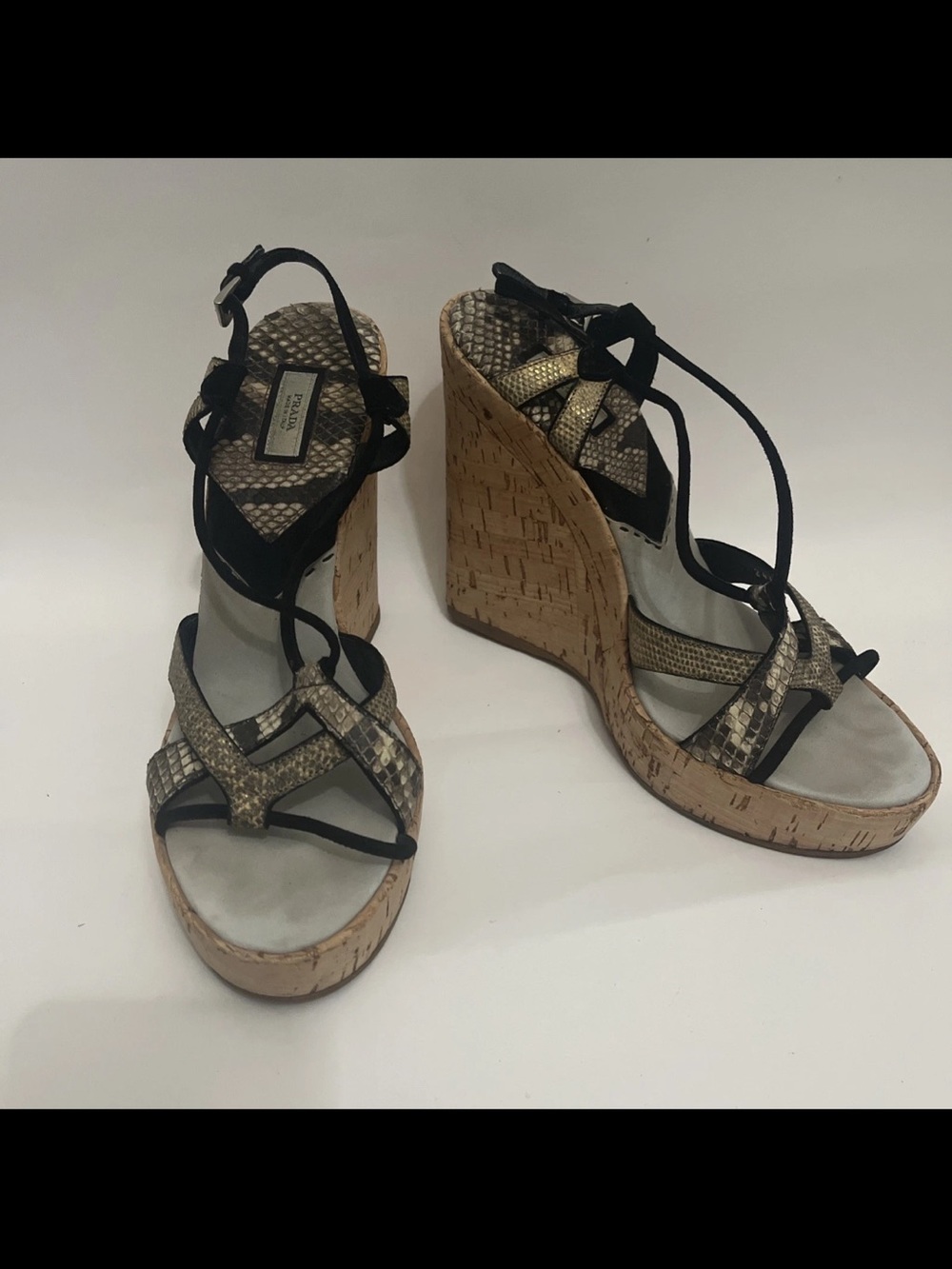 Prada Snake-Print Cork Wedge Sandals in Black & Tan